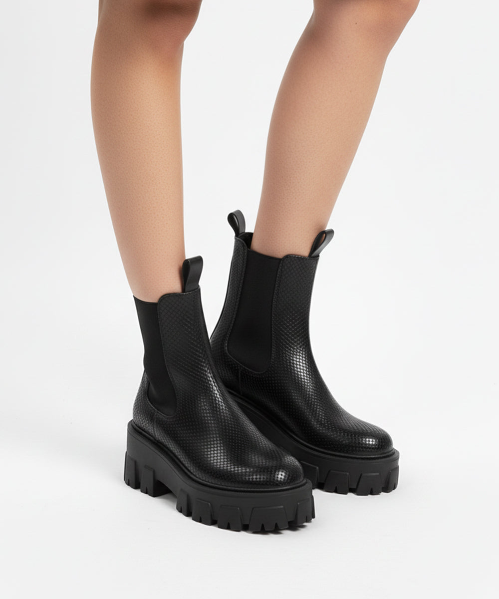 Black Leather With Snake Print Boot for Women