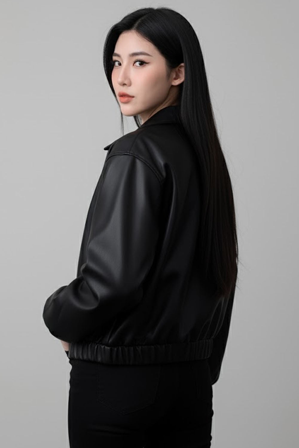 Black Faux Leather Bomber Jackets For Women