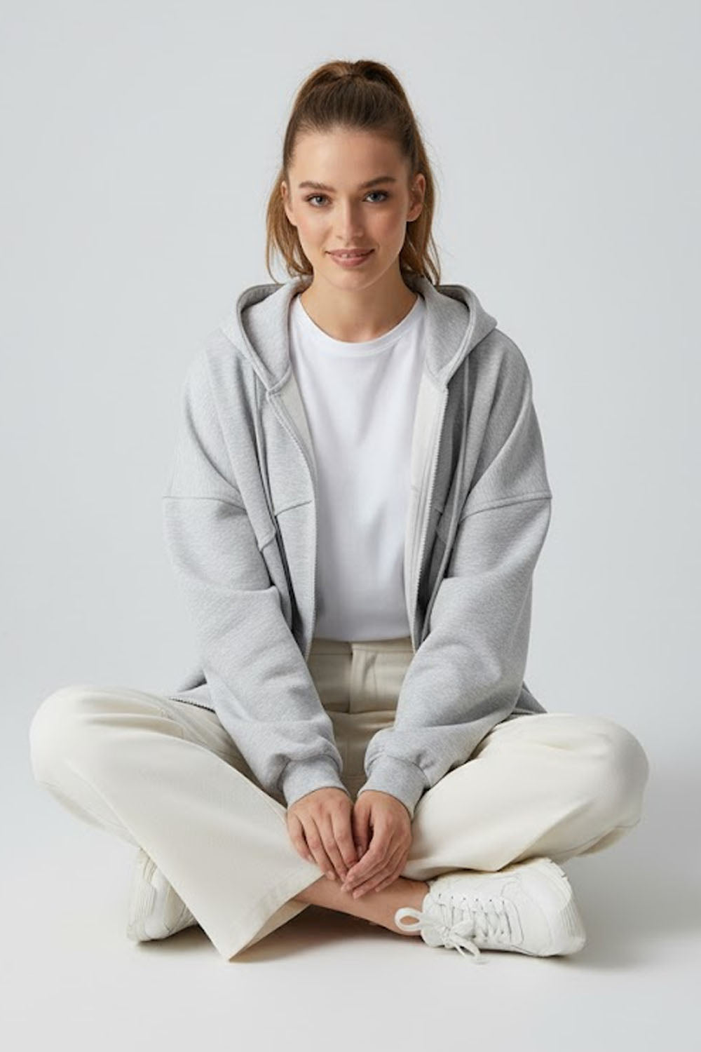 Grey Winter Oversized Full-Zip Hoodie For Women