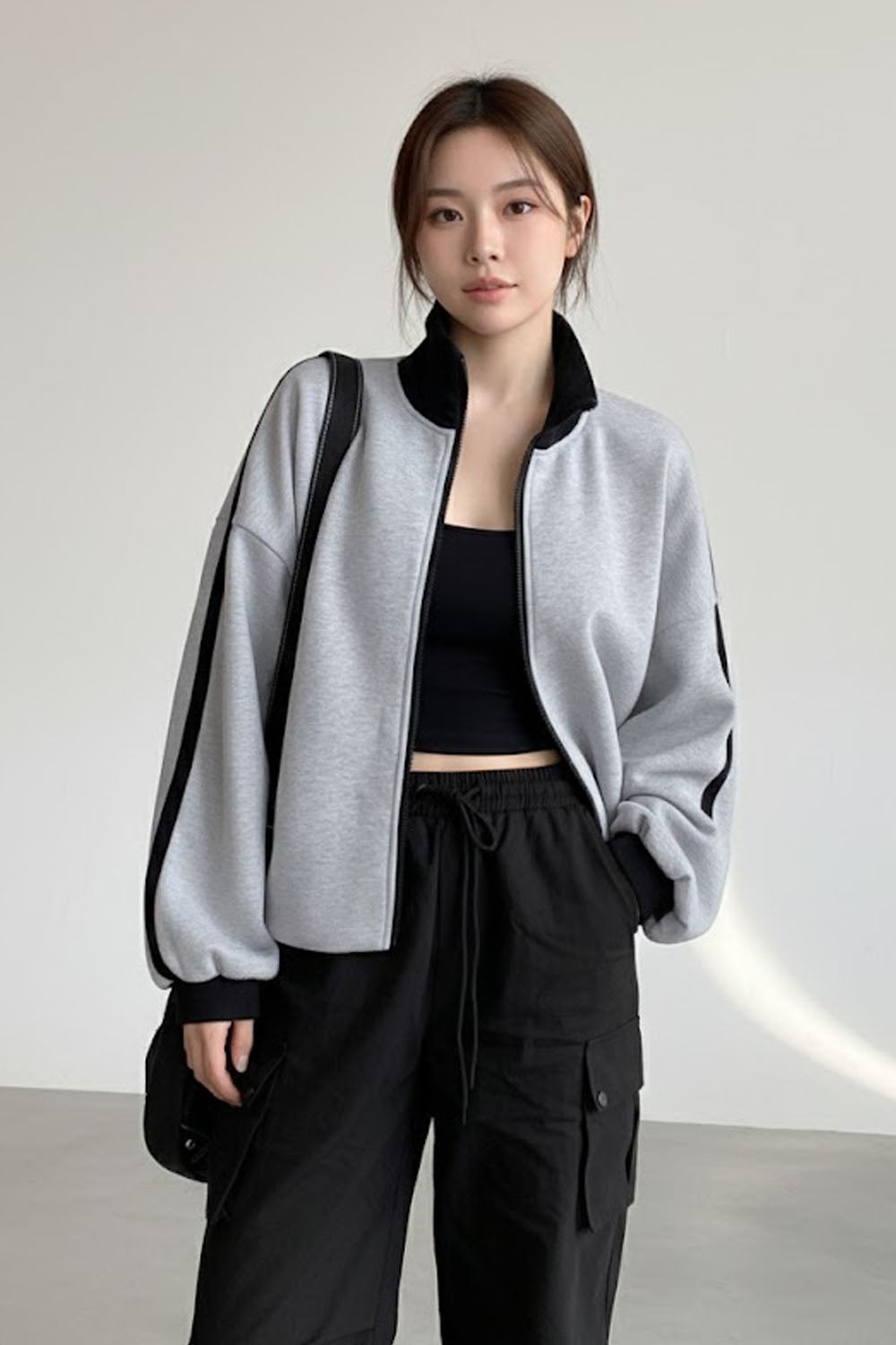 Grey & Black Contrast Winter High-Neck Zip-Up Hoddie