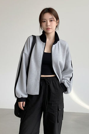 Grey & Black Contrast Winter High-Neck Zip-Up Hoddie