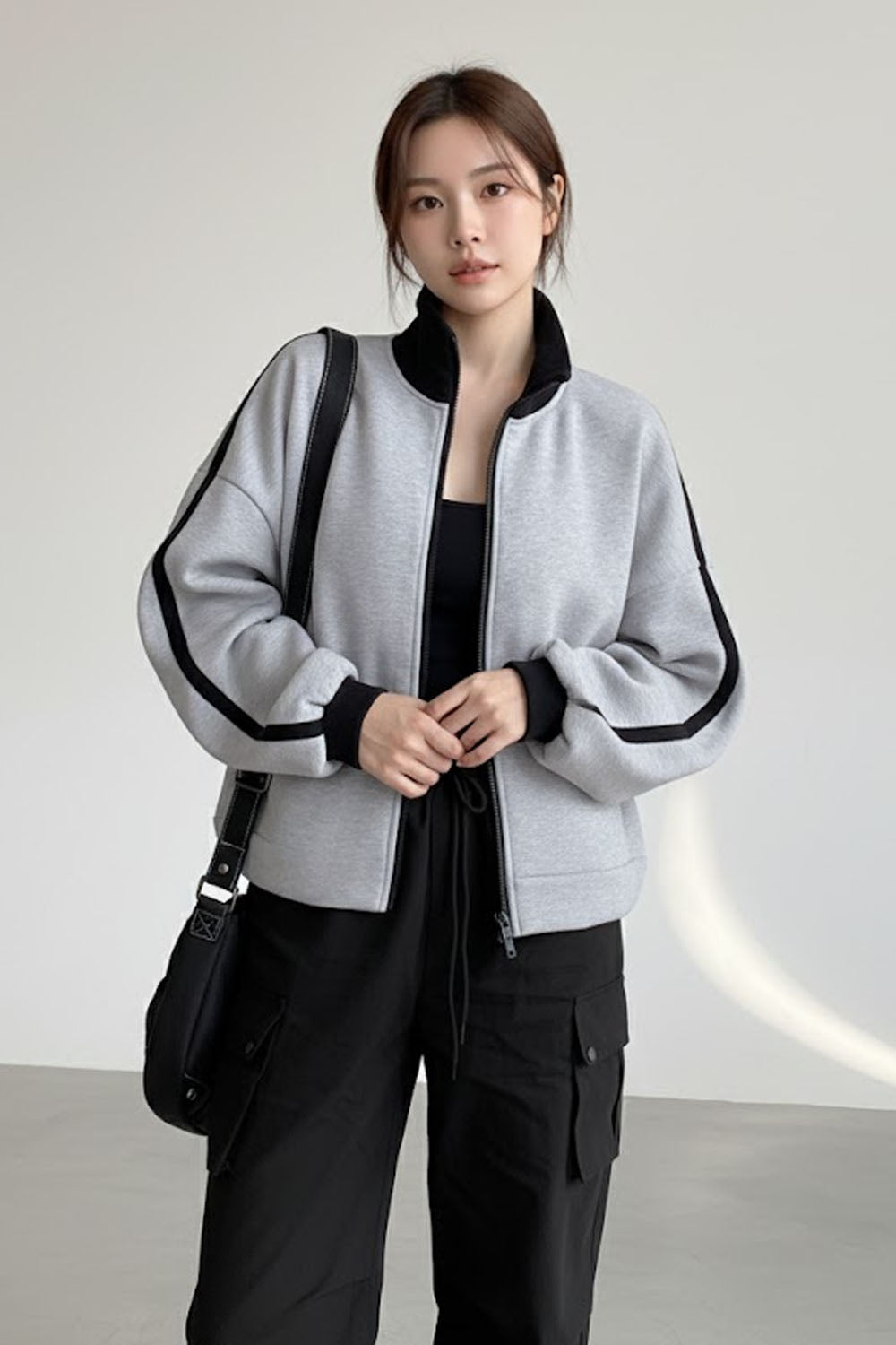 Grey & Black Contrast Winter High-Neck Zip-Up Hoddies For Women