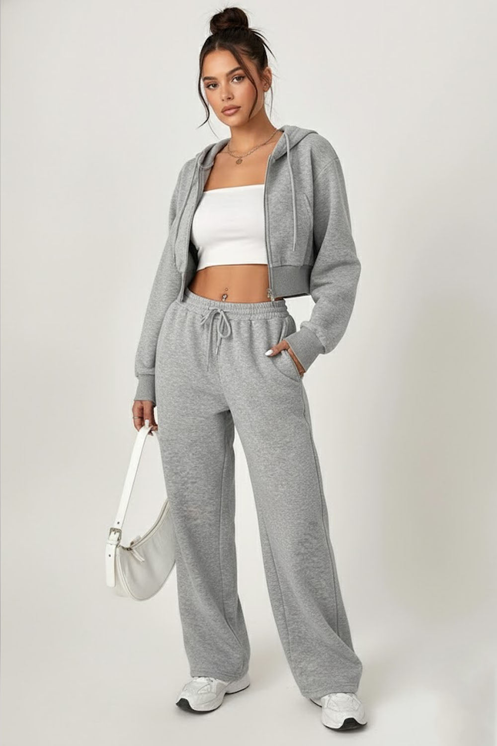 Set of 2-: Grey Cropped Hoodie & Wide-Leg Trouser For Women