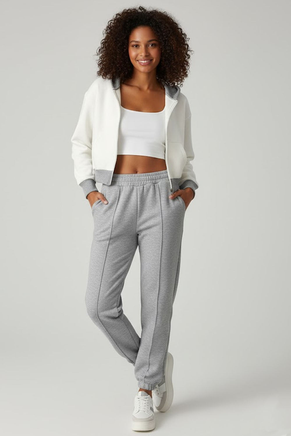 Set of 2 : -Grey & White Contrast Cropped Hoodie & Jogger For Women