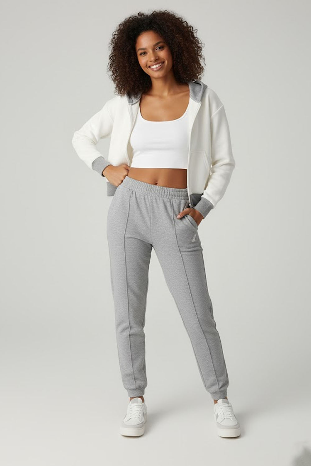 Set of 2 : -Grey & White Contrast Cropped Hoodie & Jogger