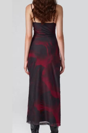 Mesh Cowl Neck Ruched Split Midi Dress