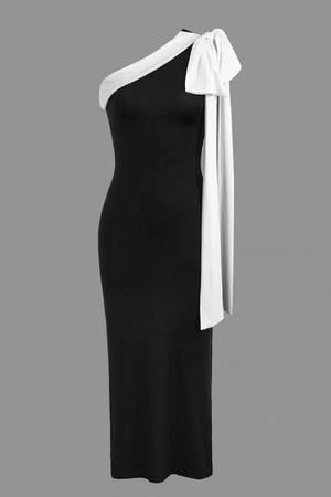 Tie Bow One Shoulder Slit Midi Dress