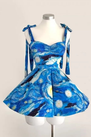 Printed Short Sleeve Unique Flared Dress