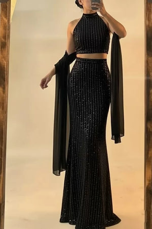 Set of 2-: Halter Crop Top and Mermaid Skirt (Without Dupatta)