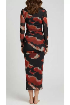 Mesh Sheer Abstract Pattern Maxi Dress