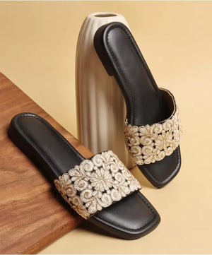 Cream & Black Embroidered Flats