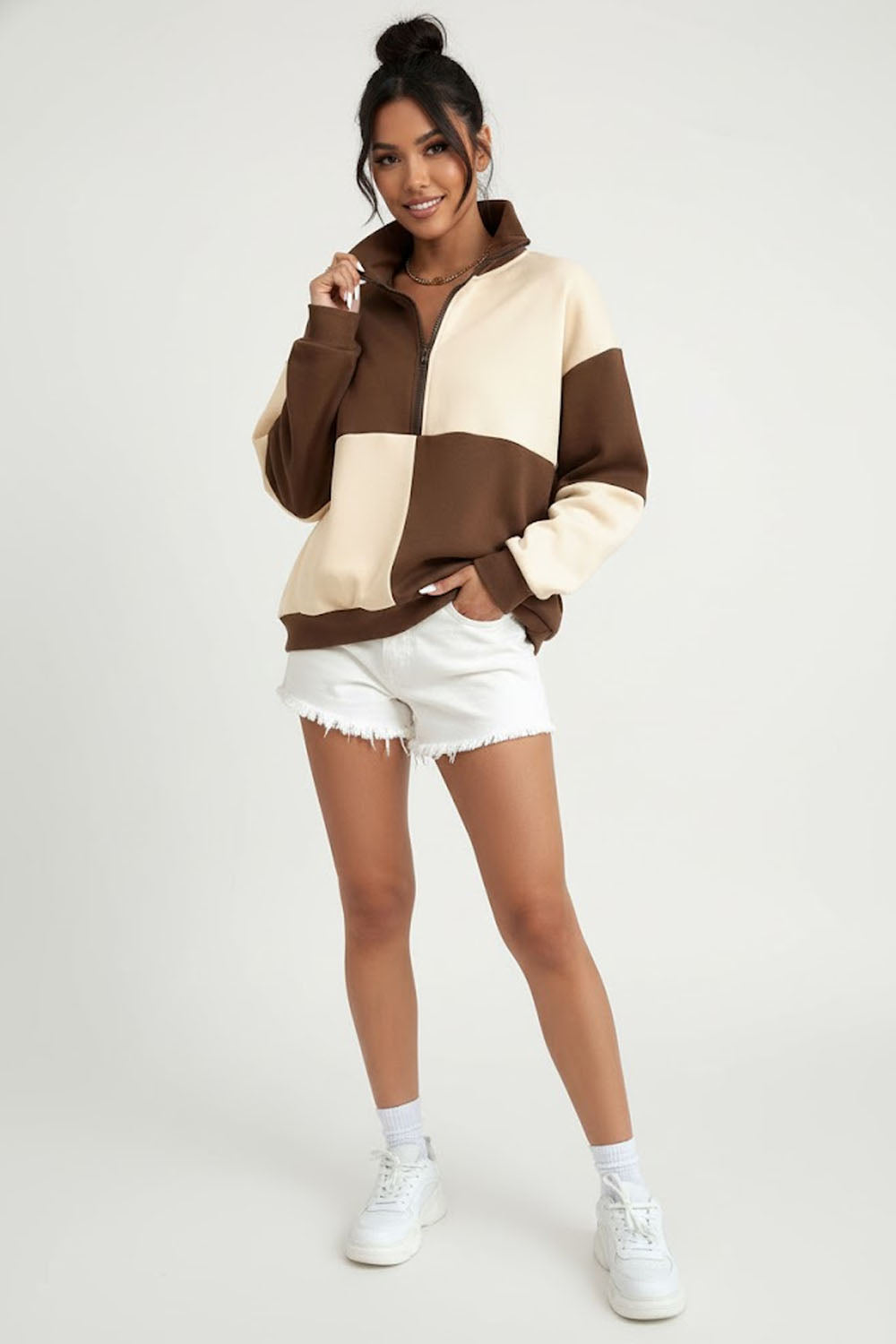 Colorblock Half Zip Drop Shoulder Sweatshirt For Women