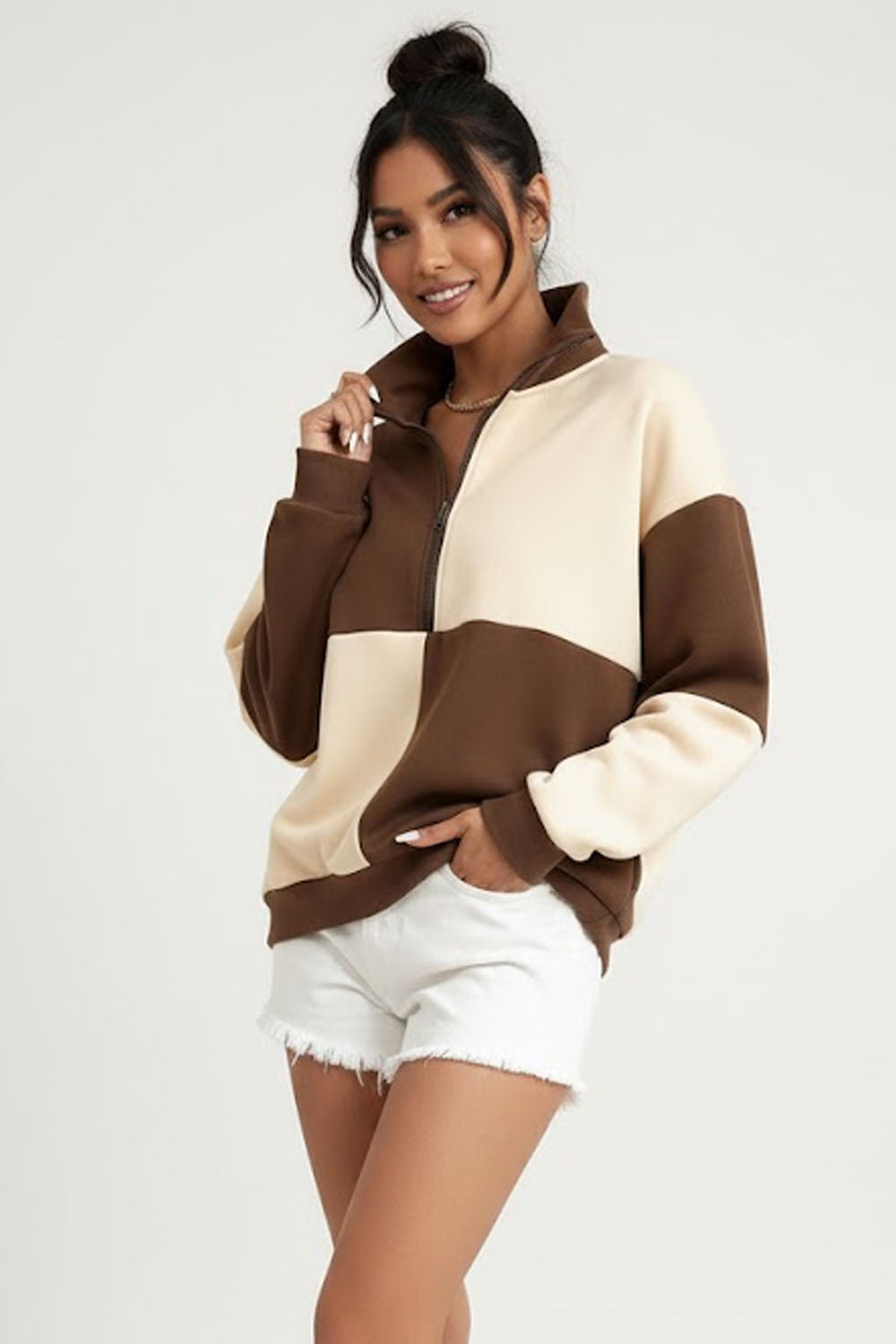 Colorblock Half Zip Drop Shoulder Sweatshirt For Women