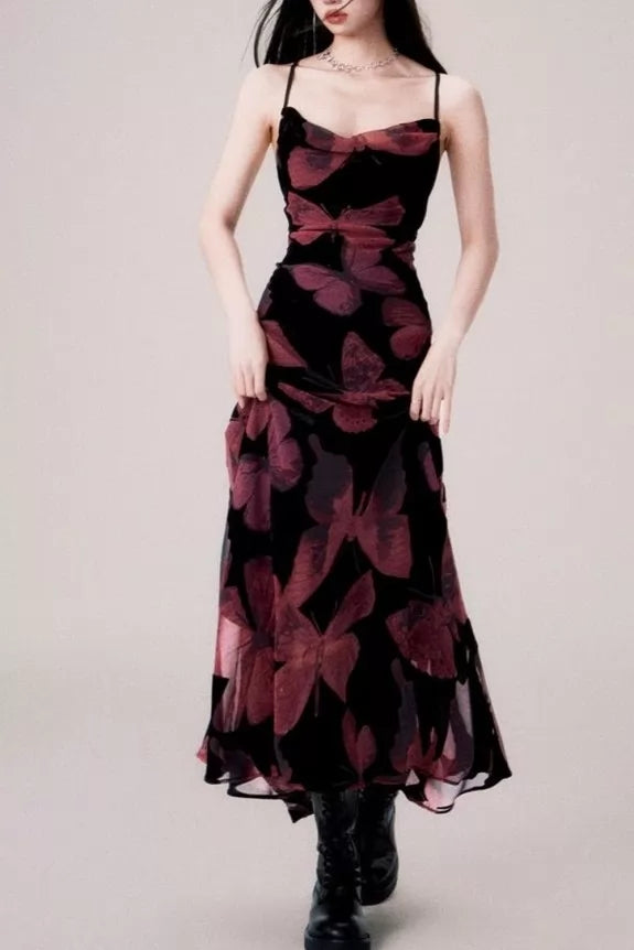 Butterfly Mesh Printed Strapy Neck Maxi Dress- 115713