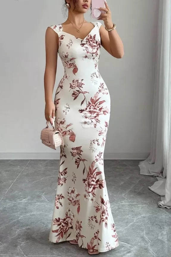 White Floral Printed Sweetheart Neck Mermaid Maxi Dress - 126543