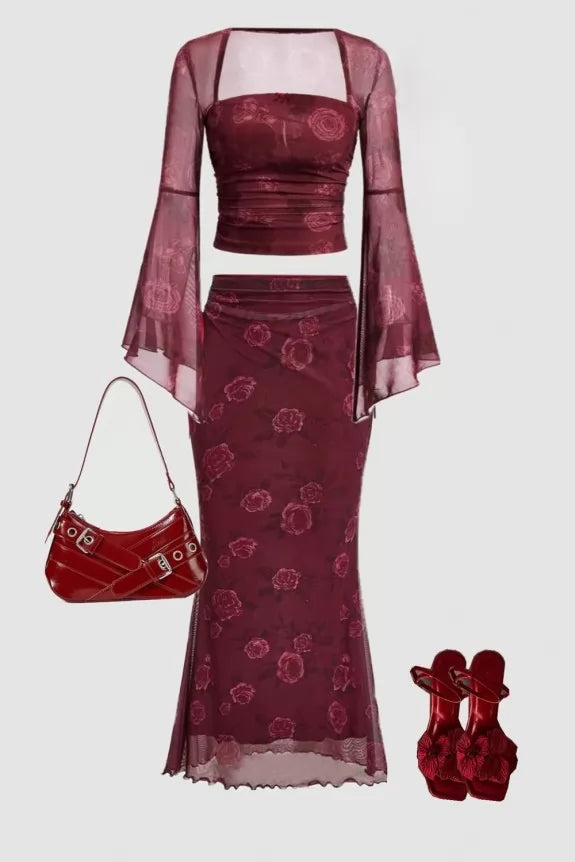 Set Of 2 :- Square Neck Mesh Crop Top With Skirt - 120640