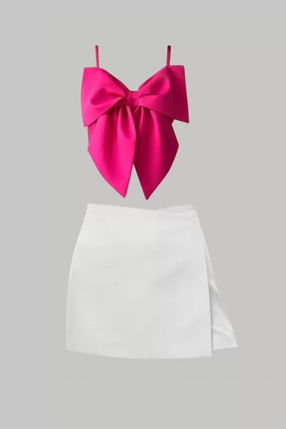 Set of 2:- Hot Pink Bow Top with White Mini Skort- 122747