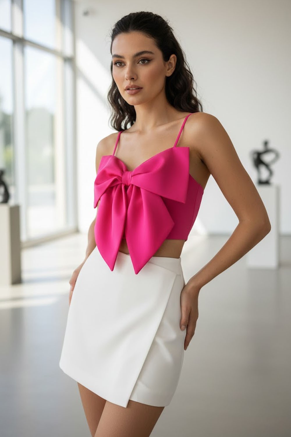 Set of 2:- Hot Pink Bow Top with White Mini Skort- 122747
