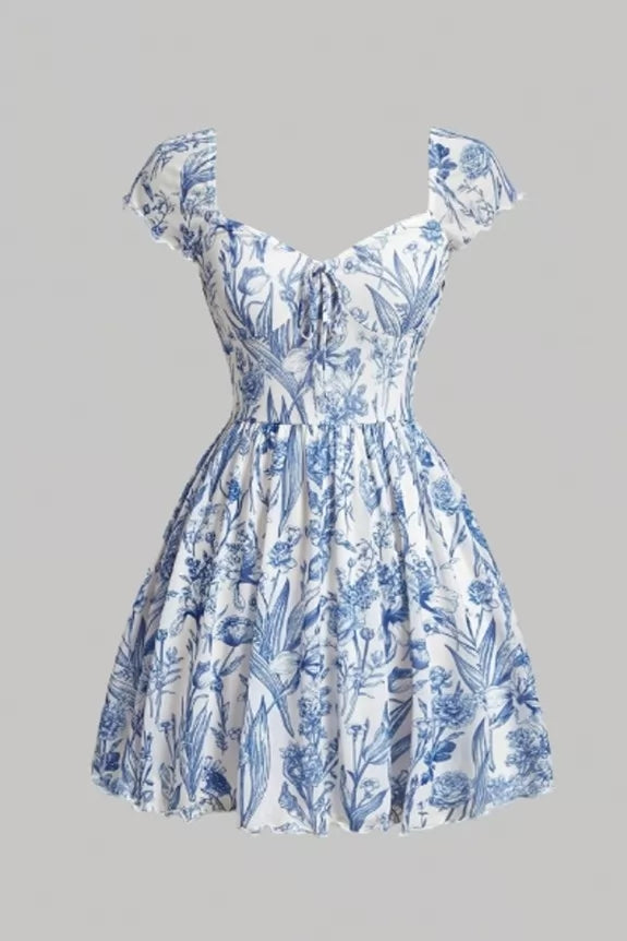 Blue and White Floral Printed Mini Dress - 124529