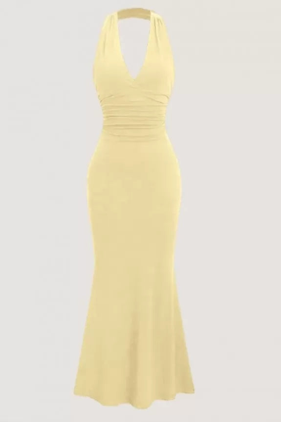 Halter Neck Ruched Maxi Dress - 1049