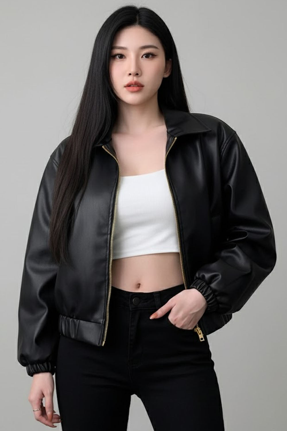 Black Faux Leather Bomber Jacket