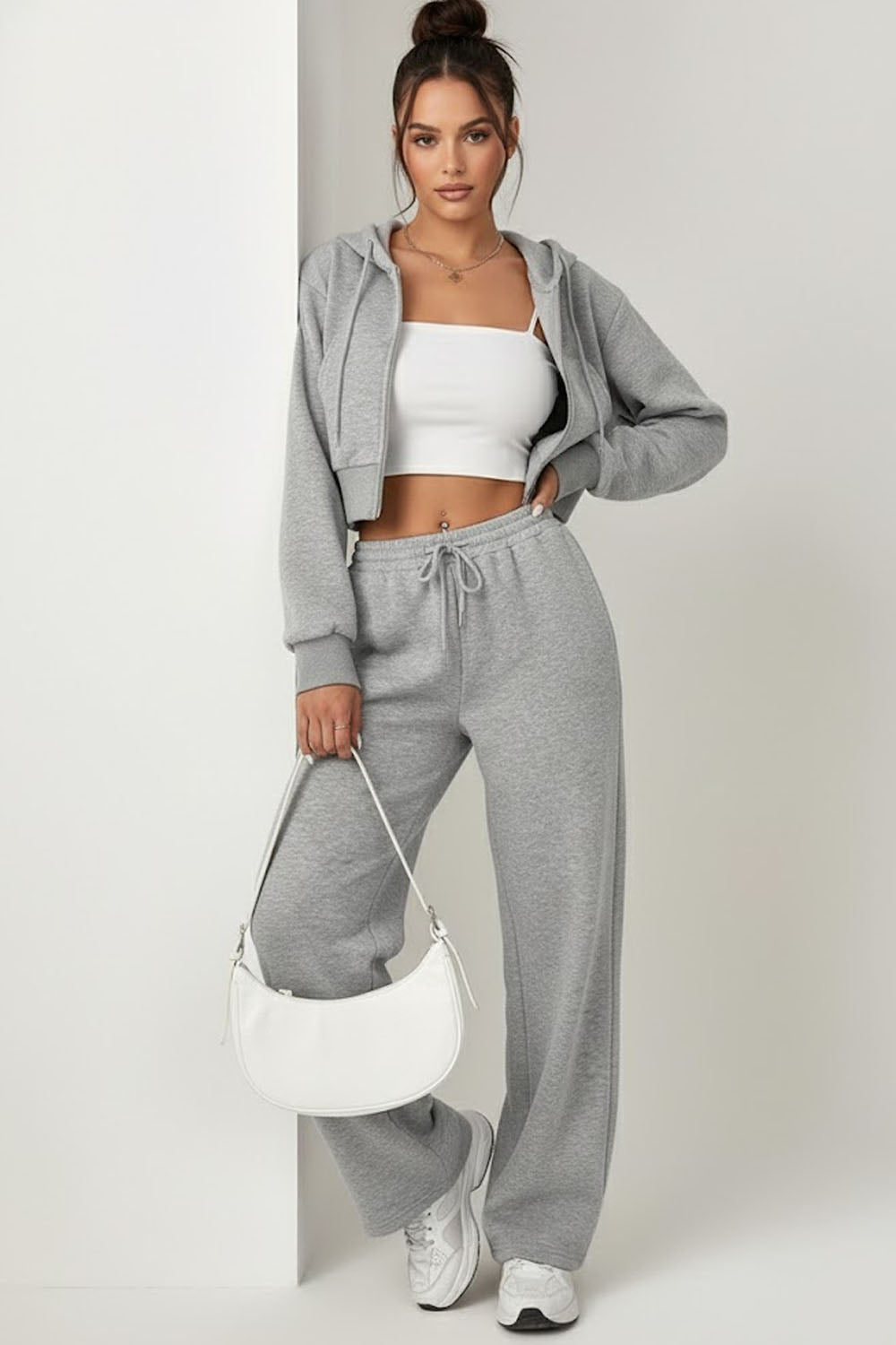 Set of 2-: Grey Cropped Hoodie & Wide-Leg Trouser
