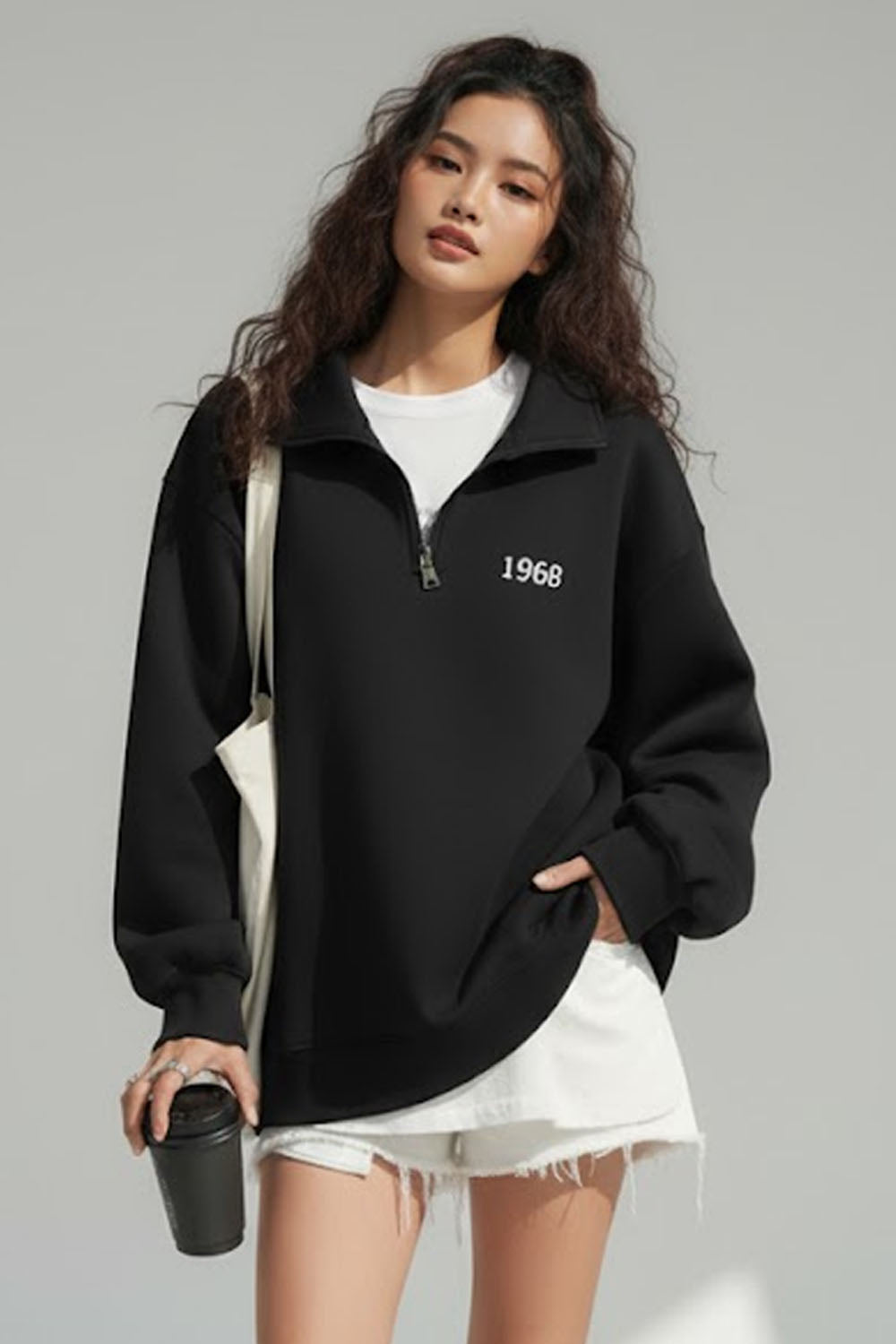 Black Fleece Half-Zip Sweatshirt For Women