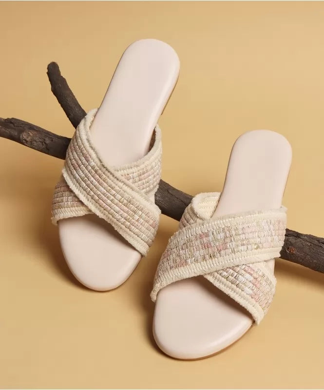 Ivory Handwoven Cross-Strap Flats - 131605