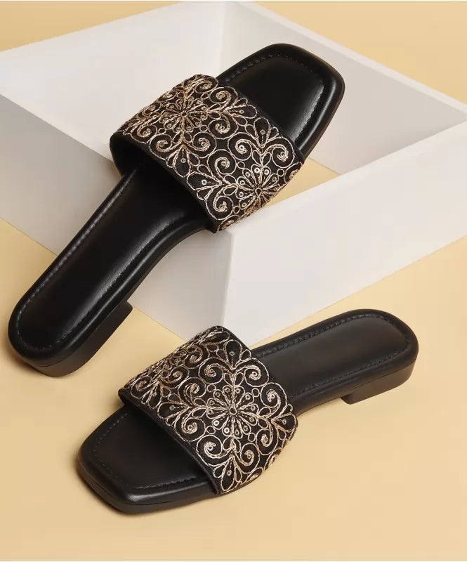 Golden Black Embroidery Flats - 131606