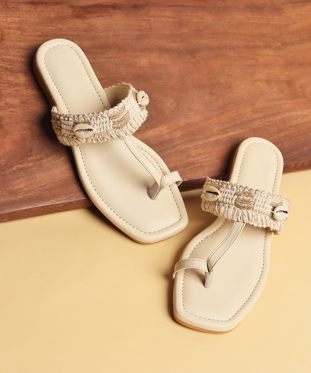 Handwoven Shell-Detail Kolhapuri Flats – Ivory Sand - 131612