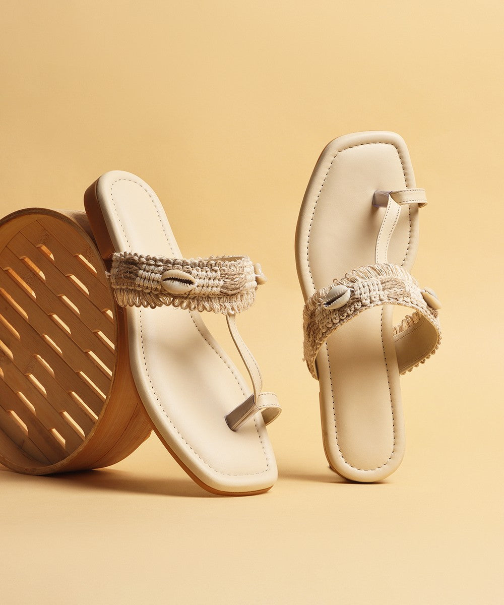 Handwoven Shell-Detail Kolhapuri Flats – Ivory Sand - 131612