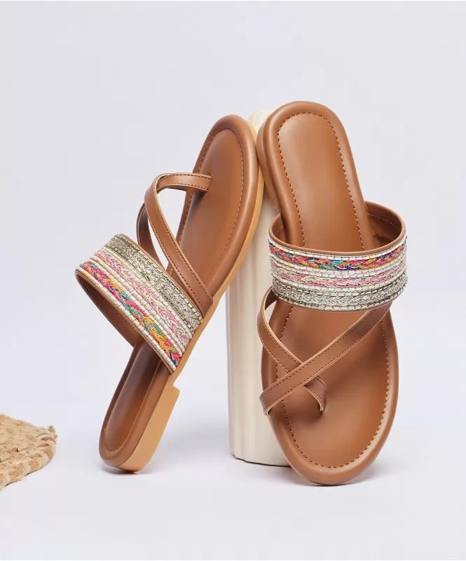 Handwoven Multicolour Strap Kolhapuri Flats – Tan Brown - 131613