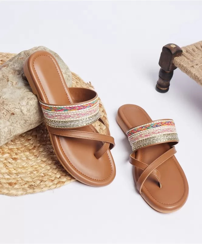Handwoven Multicolour Strap Kolhapuri Flats – Tan Brown - 131613