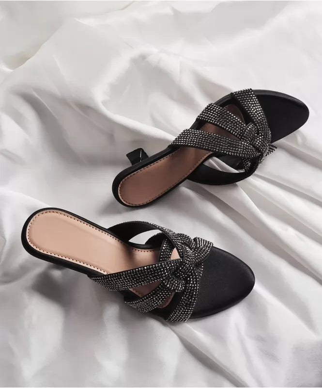 Crystal-Trimmed Thong Heels – Midnight Black - 131642