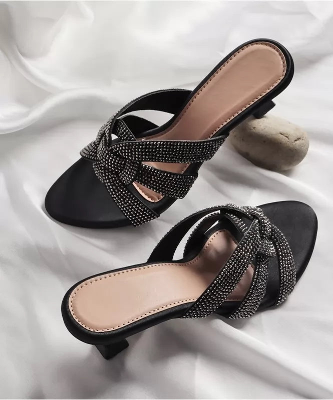 Crystal-Trimmed Thong Heels – Midnight Black - 131642