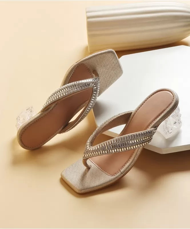 Crystal-Trimmed Thong Heels – Champagne Gold - 131652