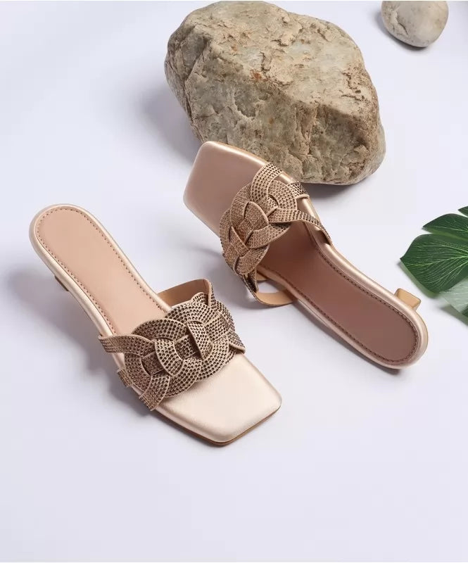 Handwoven Knot Detail Mid-Heel Sandals – Champagne Beige - 131654