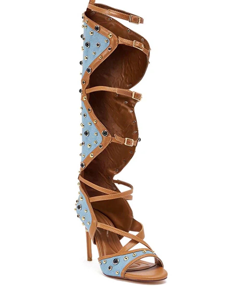 Crafted on Order - Denim Metal Studded Gladiator Stiletto Sandal- 133256
