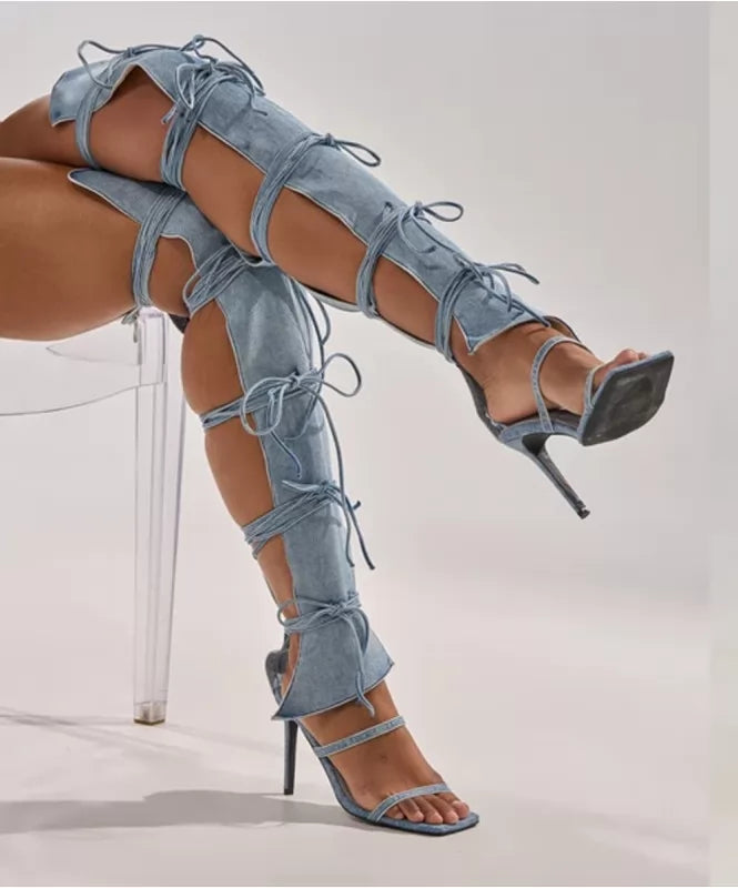 Made on Order- Kristine Denim Stiletto Gladiator Sandal- 133288