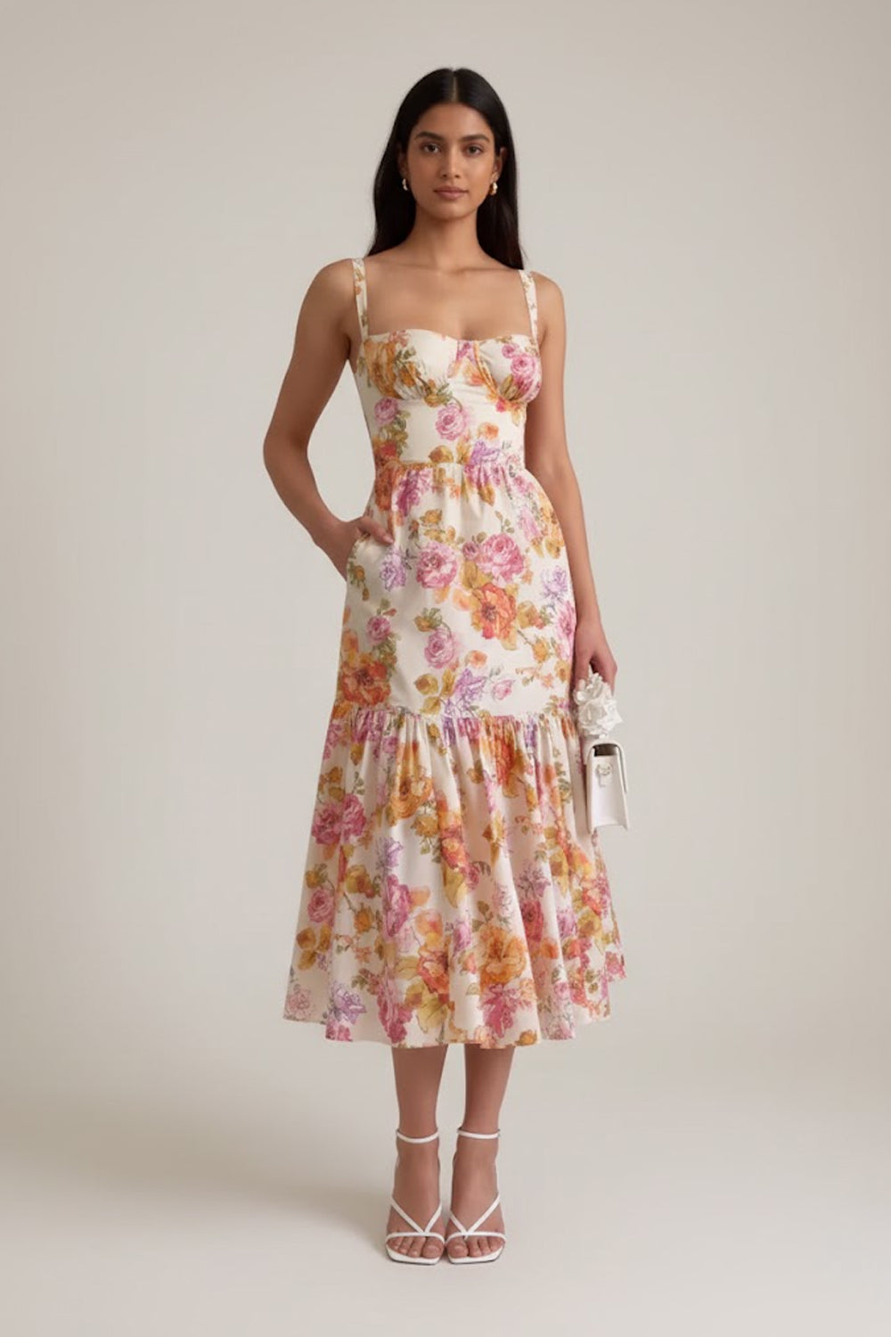 Floral Printed Sweetheart Neck Midi Dress - 109494