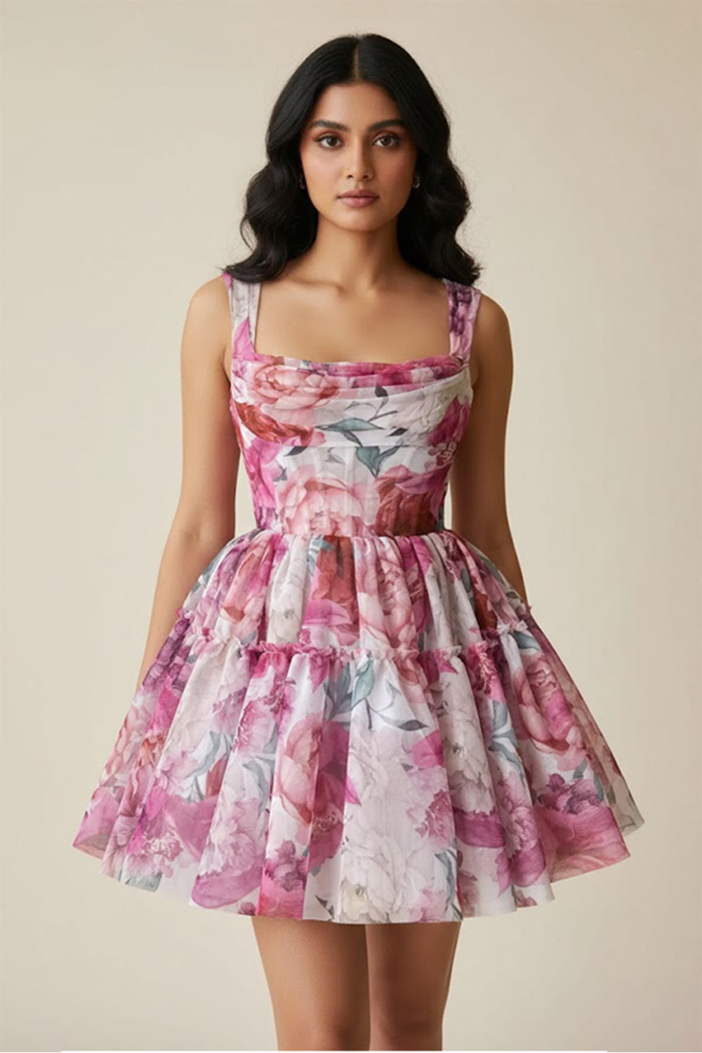 Printed Square Neck Mini Dress- 104670