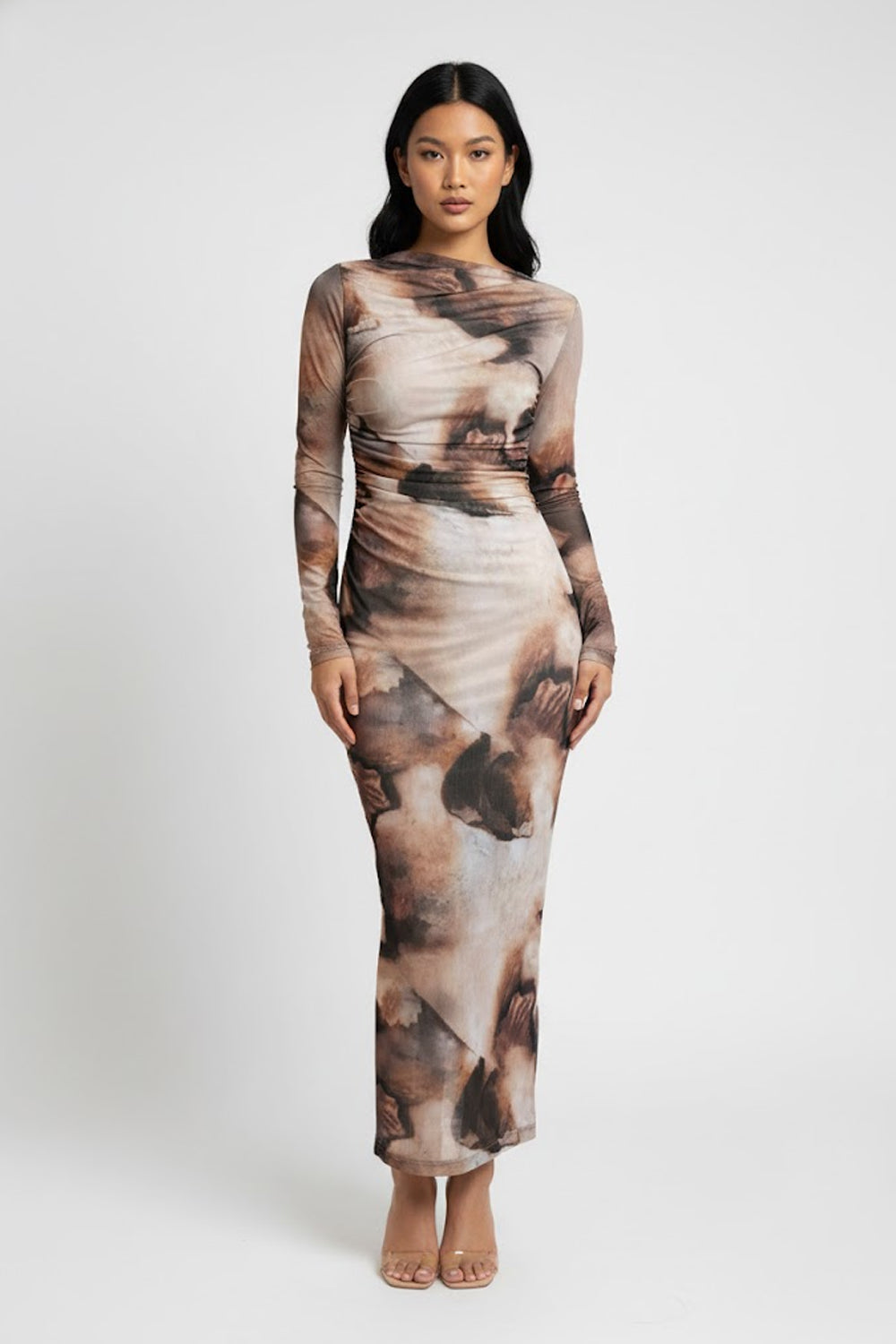 Printed Long Sleeve Bodycon Long Dress-117458