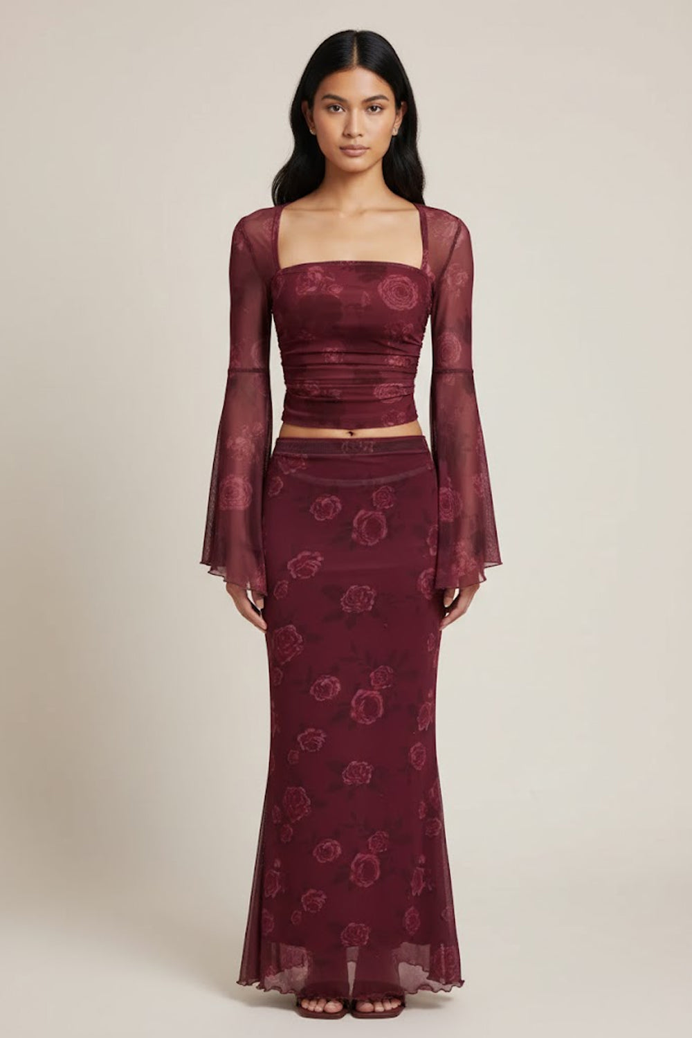 Set Of 2 :- Square Neck Mesh Crop Top With Skirt - 120640