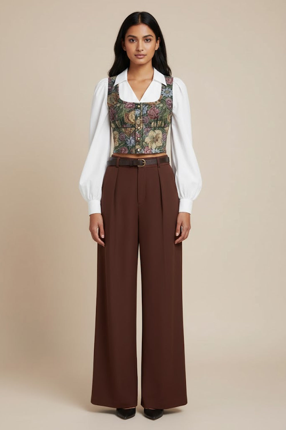 Set of 2:- Vintage Floral Printed Shirt Style Top With Solid Trouser-122118