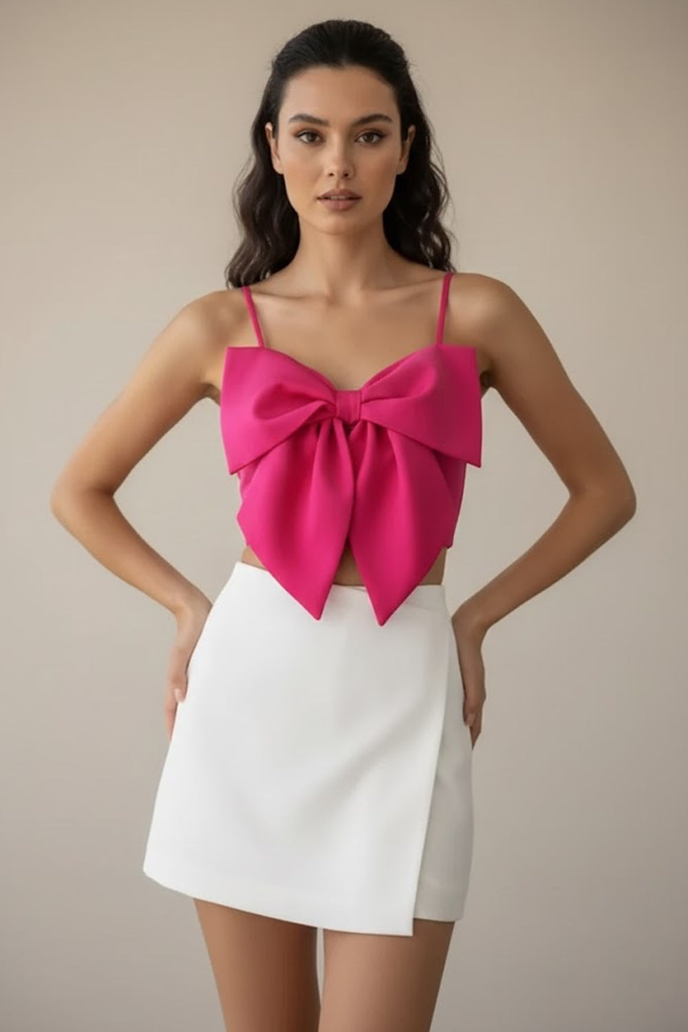Set of 2:- Hot Pink Bow Top with White Mini Skort- 122747