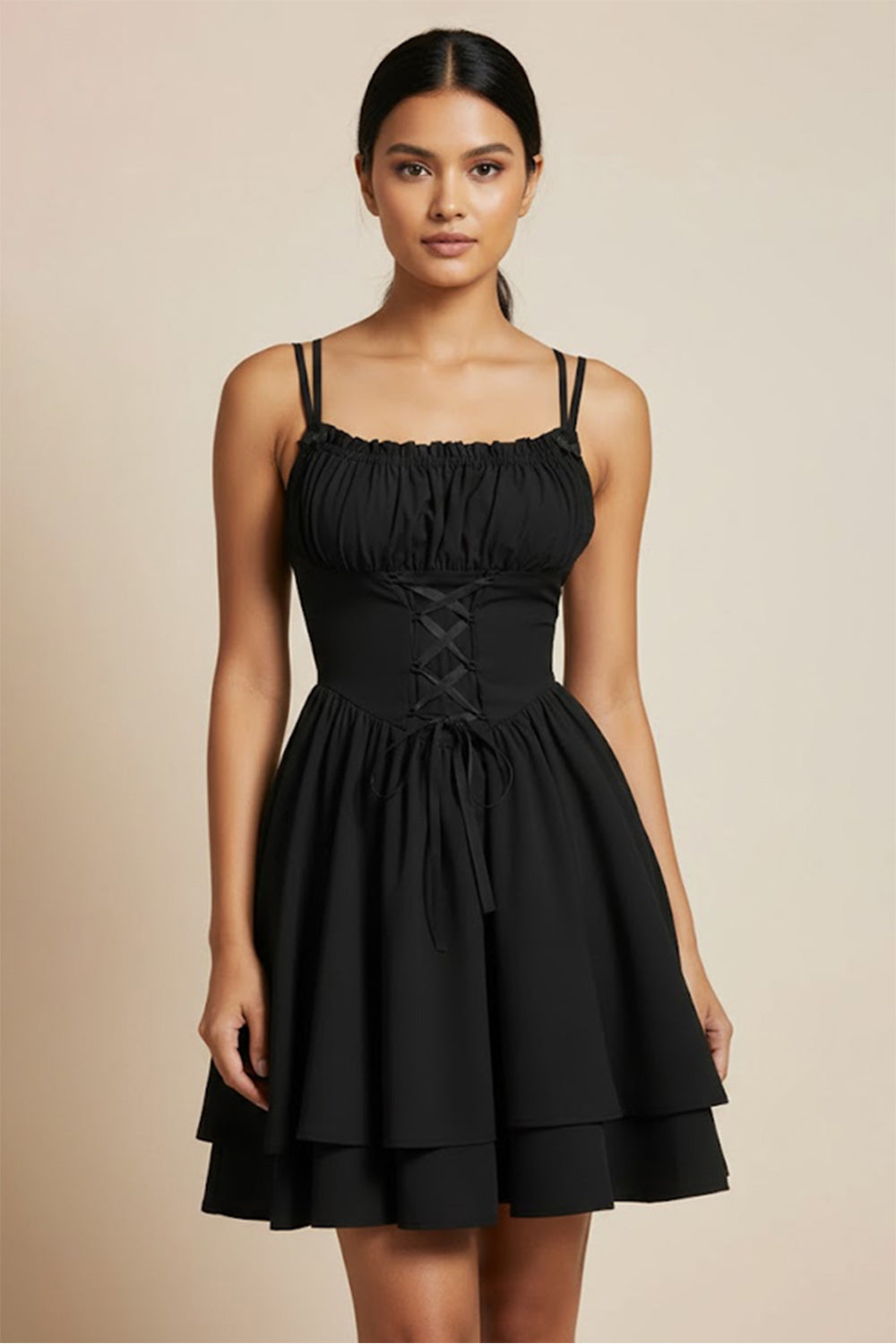 Black Tiered Mini Dress with Spaghetti Straps- 123145