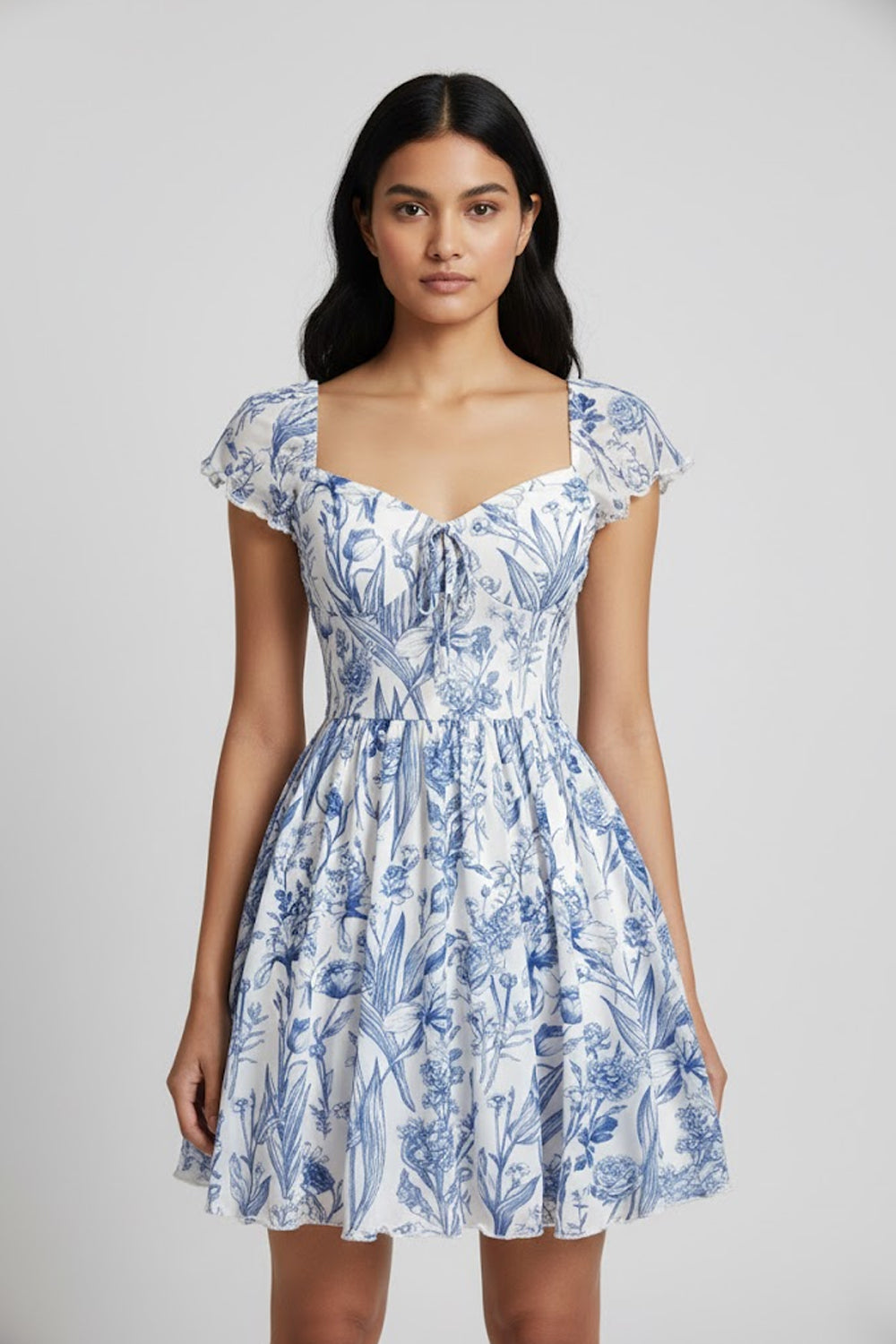 Blue and White Floral Printed Mini Dress - 124529