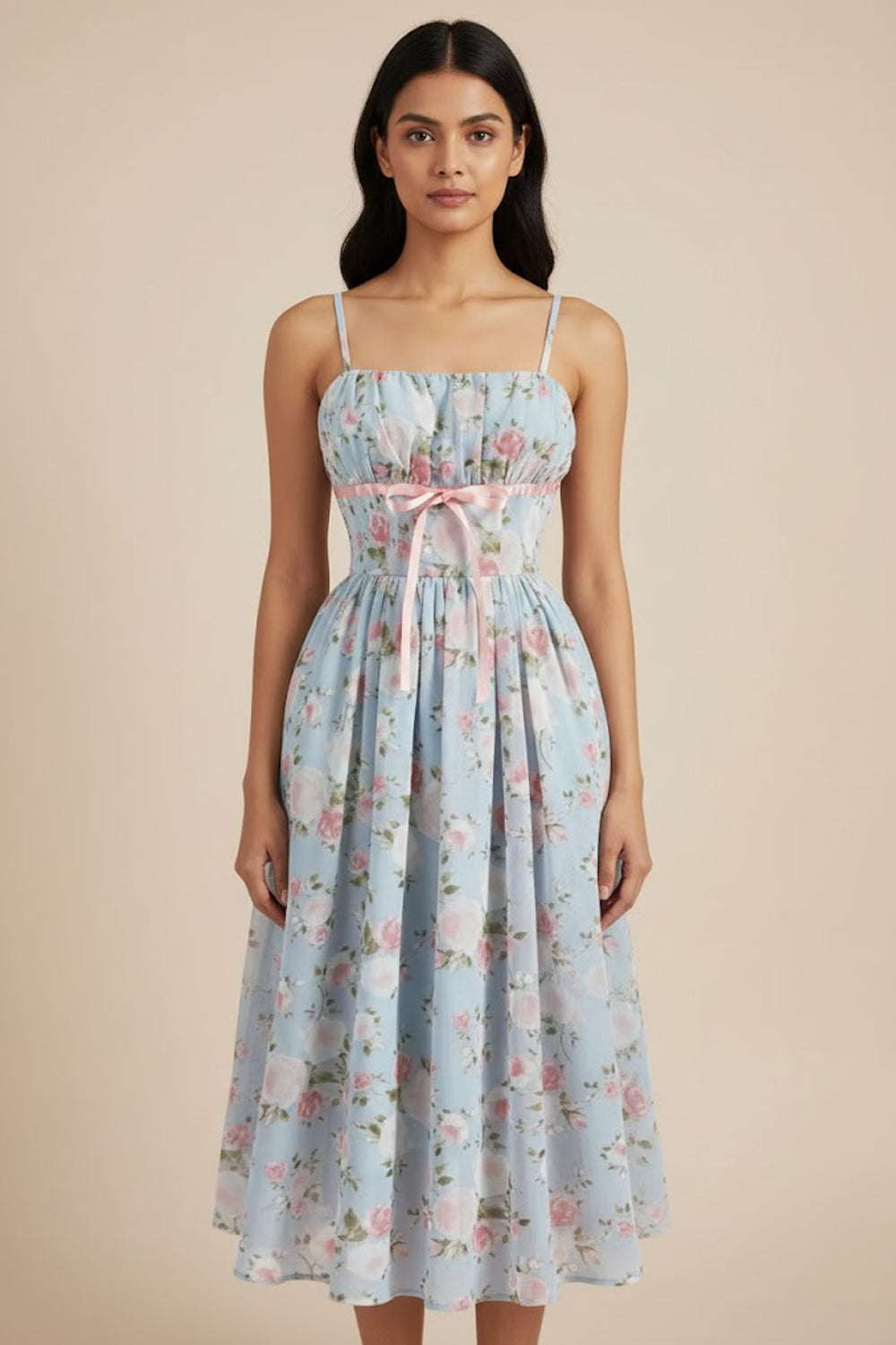 Floral Printed Front Bow Long Dress - 124547