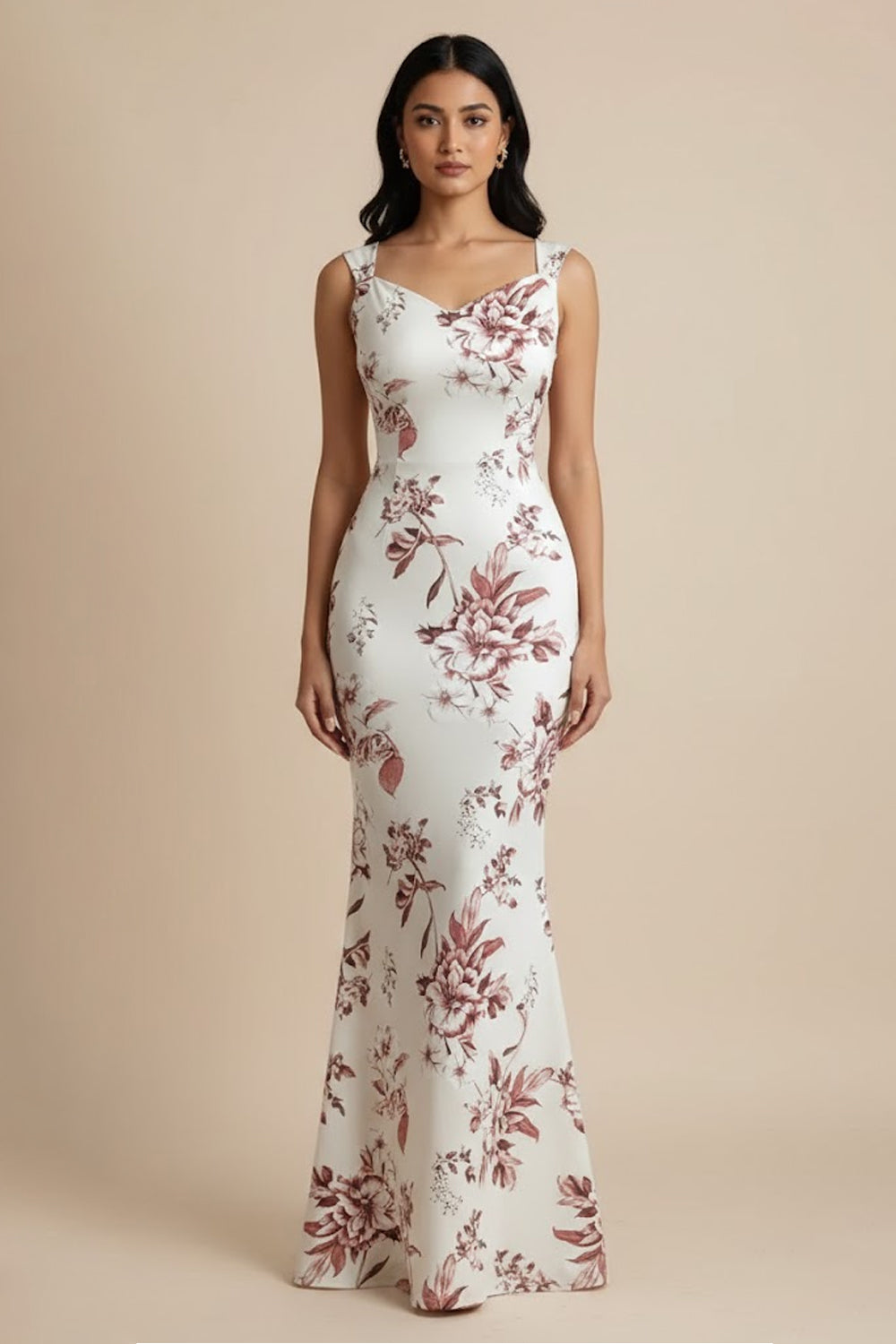 White Floral Printed Sweetheart Neck Mermaid Maxi Dress - 126543