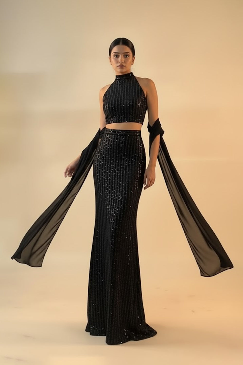 Set of 2-: Halter Crop Top and Mermaid Skirt - 129521